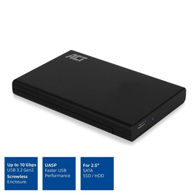 Кутия за твърд диск ACT AC1225, SATA, 2.5", USB-C 3.2 Gen2, Черен