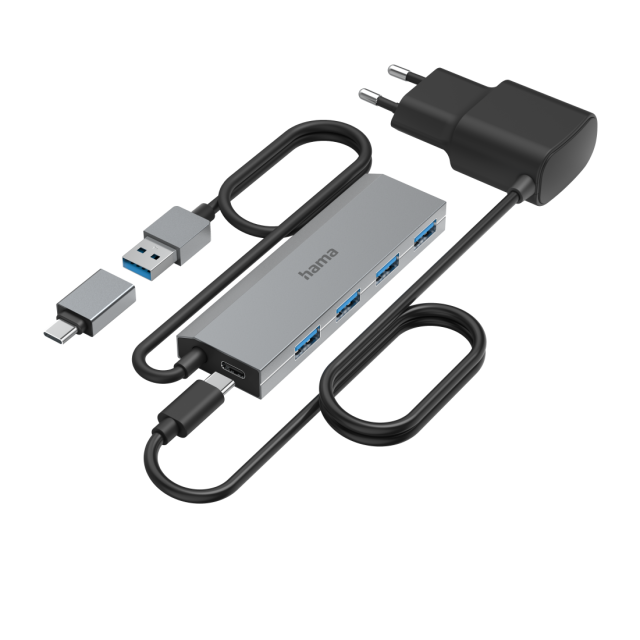 HAMA 4-портов хъб, USB 3.2 Gen 1, 5 Gbit/s, вкл. USB-C адаптер, авт. захранване