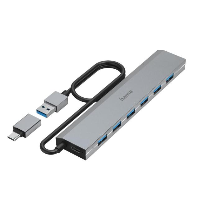 HAMA 7-портов хъб, USB 3.2 Gen 1, 5 Gbit/s, вкл. USB-C адаптер, авт.захранване