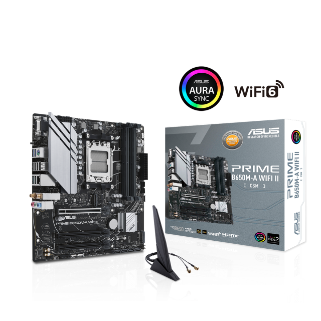 Дънна платка ASUS PRIME B650M WI-FI II socket AM5, 4xDDR5, 2xM.2 NVME PCIe 5.0/4.0, Aura Sync, ATX 