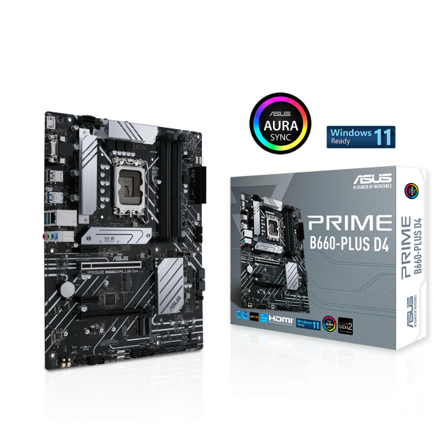 Дънна платка ASUS PRIME B660-PLUS D4, LGA 1700, 4x DDR4, Dual M.2, DisplayPort, D-Sub, HDMI, USB Type-C, Aura Sync RGB, ATX