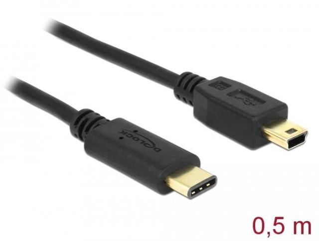 Кабел DeLock, USB-C мъжко - USB-B мъжко, USB 2.0, 0.5 м, Черен