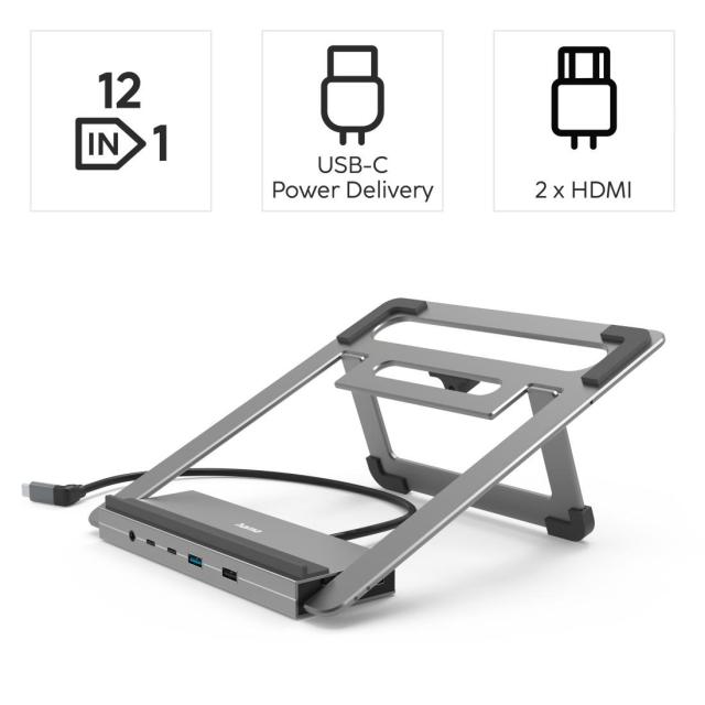 Мултипортов адаптер Hama "Connect2Office Stand" 15,6" (39,62 см), стойка за лаптоп, 12 порта, USB-C 