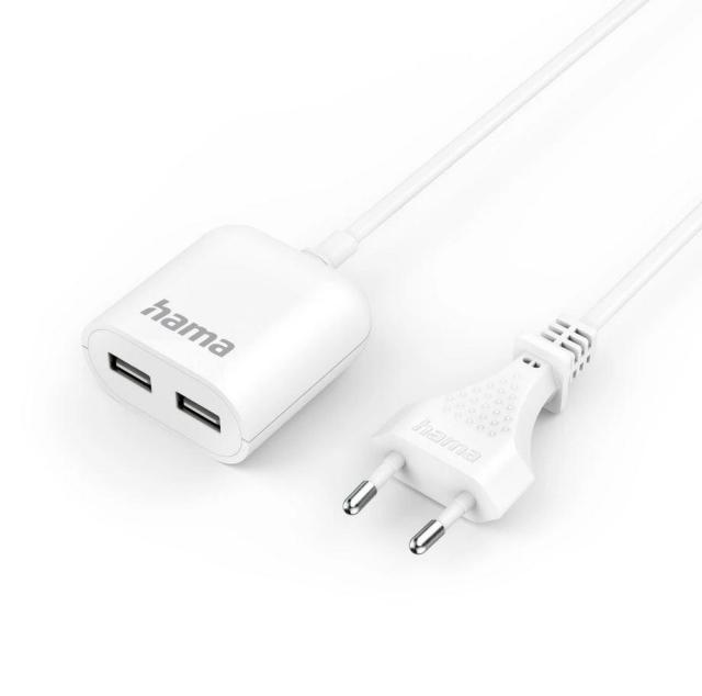 Разклонител/захранване Hama USB  с 1,9 м дълъг кабел, 2,4 A, 2x USB-A, бяло