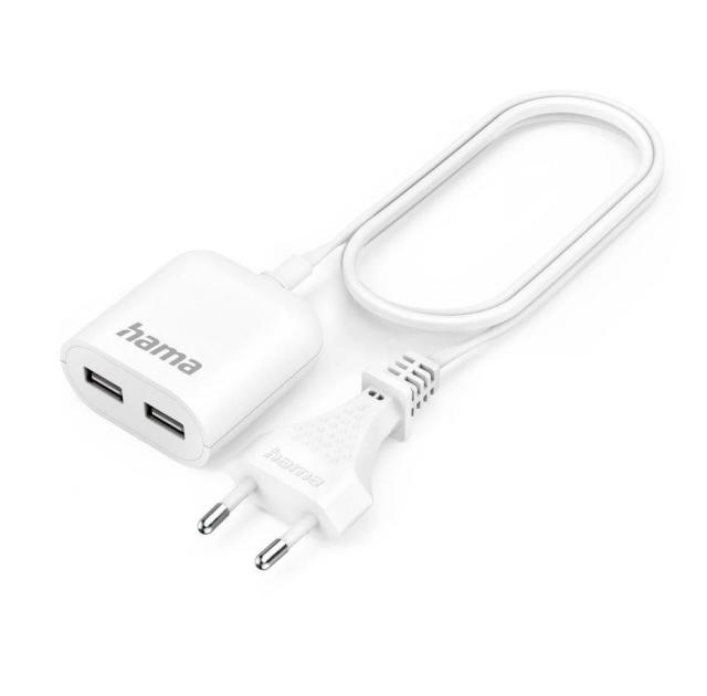 Разклонител/захранване Hama USB  с 1,9 м дълъг кабел, 2,4 A, 2x USB-A, бяло