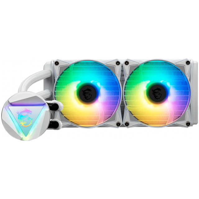 Охладител за процесор MSI MAG CORELIQUID 240R V2 White Liquid Cooler, 2x 120mm ARGB 2000rpm PWM Fans, ARGB Block, Radiator Pump Design, Rotatable Blockhead, Intel/AMD