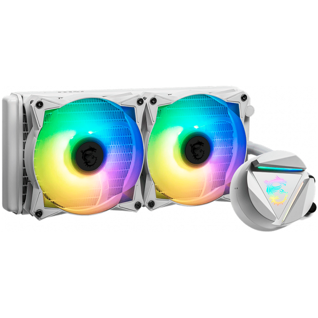 Охладител за процесор MSI MAG CORELIQUID 240R V2 White Liquid Cooler, 2x 120mm ARGB 2000rpm PWM Fans, ARGB Block, Radiator Pump Design, Rotatable Blockhead, Intel/AMD