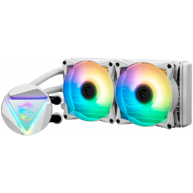 Охладител за процесор MSI MAG CORELIQUID 240R V2 White Liquid Cooler, 2x 120mm ARGB 2000rpm PWM Fans, ARGB Block, Radiator Pump Design, Rotatable Blockhead, Intel/AMD