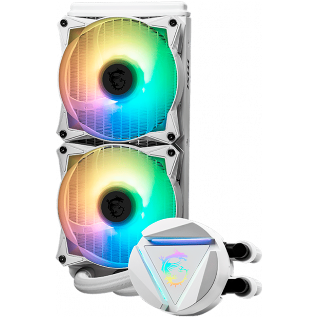 Охладител за процесор MSI MAG CORELIQUID 240R V2 White Liquid Cooler, 2x 120mm ARGB 2000rpm PWM Fans, ARGB Block, Radiator Pump Design, Rotatable Blockhead, Intel/AMD