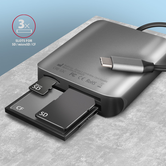 Четец за карти AXAGON CRE-S3C - aлуминиеви високоскоростни, SD/SDHC/SDXC/MicroSDHC/microSDXC, CompactFlash, MMC mobile, RS-MMC, TransFlash, USB Type-C 3.2 Gen1