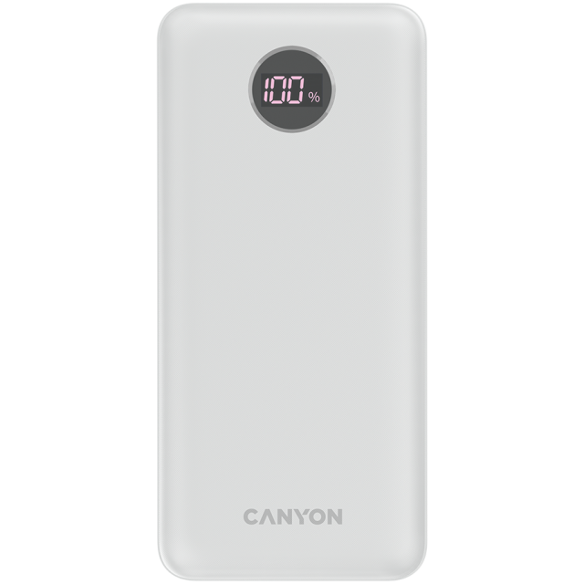 Външна батерия Canyon power bank PB-2002, 20 000mAh, 2x USB-A, 2x USB-C, PD, QC, дисплей, бяла