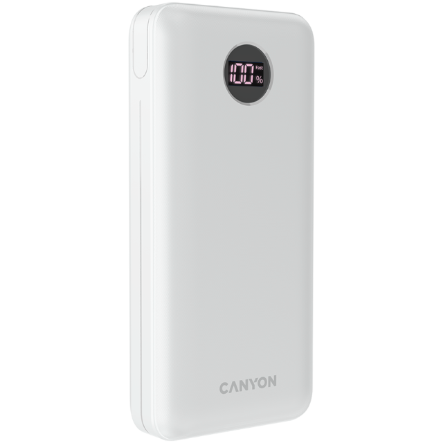 Външна батерия Canyon power bank PB-2002, 20 000mAh, 2x USB-A, 2x USB-C, PD, QC, дисплей, бяла