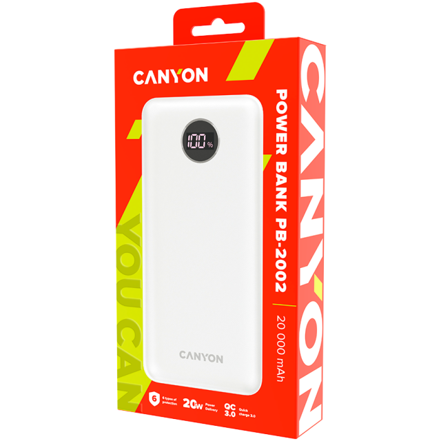 Външна батерия Canyon power bank PB-2002, 20 000mAh, 2x USB-A, 2x USB-C, PD, QC, дисплей, бяла