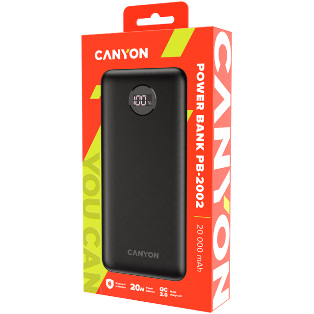 Външна батерия Canyon power bank PB-2002, 20 000mAh, 2x USB-A, 2x USB-C, PD, QC, дисплей, черна