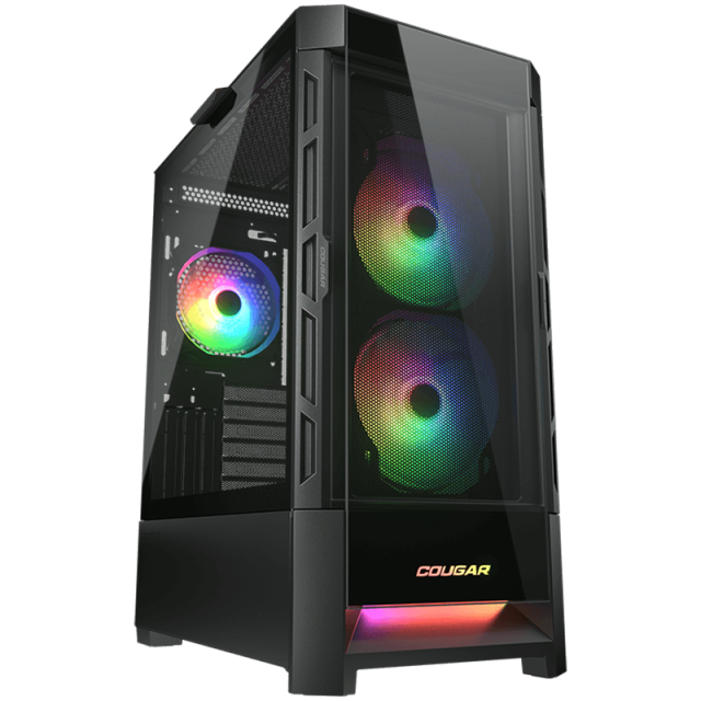 Кутия Cougar Gaming DUOFACE RGB, USB 3.0 x 2, USB 2.0 x 1, Mic + Audio x 1, прозорец, 3x 140 ARGB Fans, Mini ITX / Micro ATX / ATX, черна, без захранване