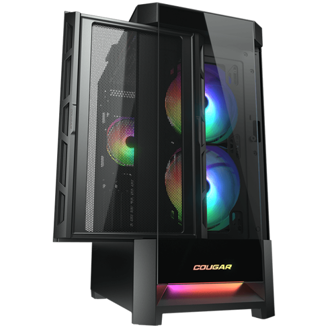 Кутия Cougar Gaming DUOFACE RGB, USB 3.0 x 2, USB 2.0 x 1, Mic + Audio x 1, прозорец, 3x 140 ARGB Fans, Mini ITX / Micro ATX / ATX, черна, без захранване