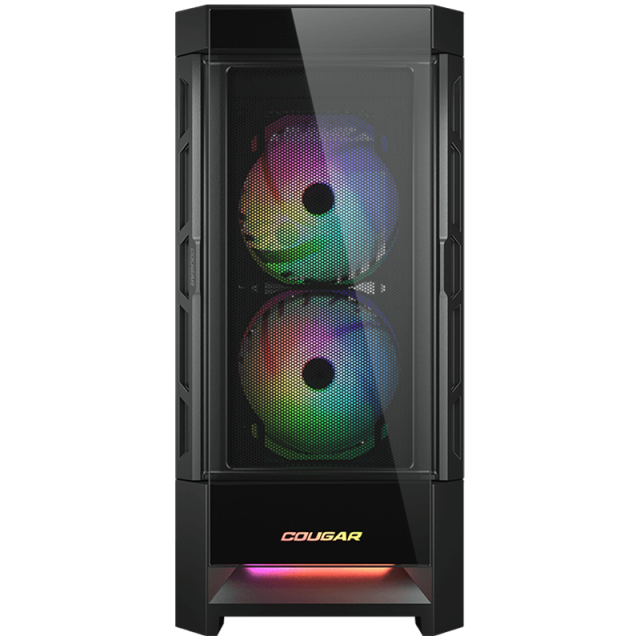 Кутия Cougar Gaming DUOFACE RGB, USB 3.0 x 2, USB 2.0 x 1, Mic + Audio x 1, прозорец, 3x 140 ARGB Fans, Mini ITX / Micro ATX / ATX, черна, без захранване
