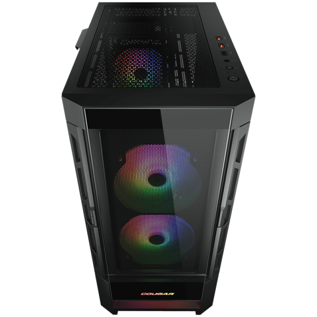 Кутия Cougar Gaming DUOFACE RGB, USB 3.0 x 2, USB 2.0 x 1, Mic + Audio x 1, прозорец, 3x 140 ARGB Fans, Mini ITX / Micro ATX / ATX, черна, без захранване