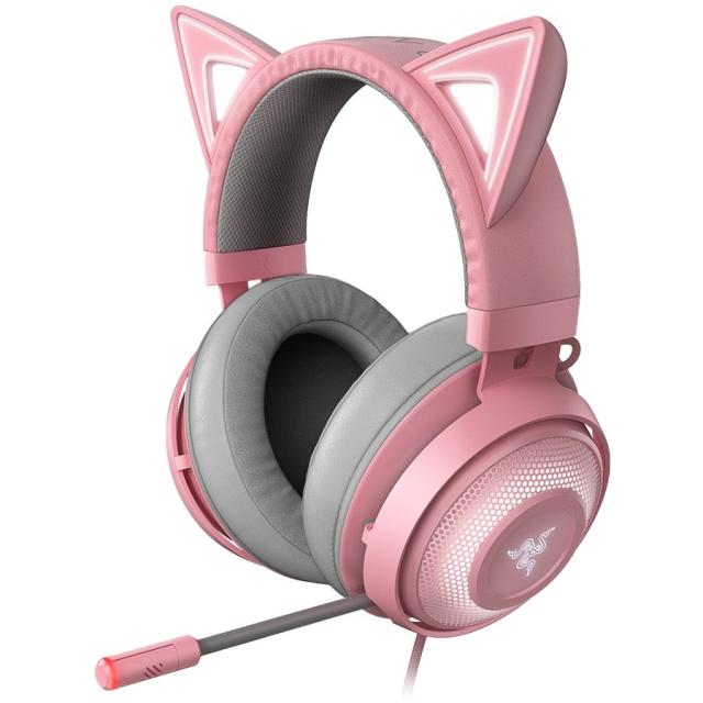 Слушалки Слушалки Razer Kraken Kitty Edition - Quartz, микрофон, USB, подсветка, охлаждащ гел, активна шумоизолация, розови